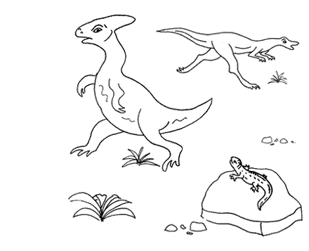 a hadrosaur and compsognathus run away
