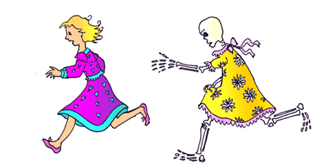 a skeleton in a yellow daisy dress is chasing Princess Fifi