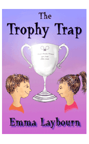 The cover of the free kids' ebook The Trophy Trap shows Abby and her brother glaring
 at each other over the table-tennis trophy